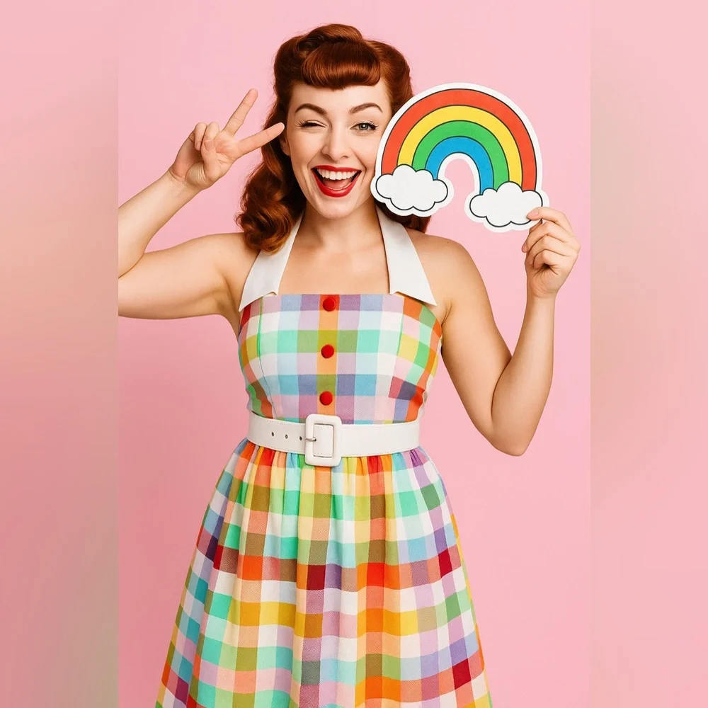 Unique Vintage Collectif Rainbows Over Hollywood Gingham Halter Swing Dress, NWT - Picture 7 of 16